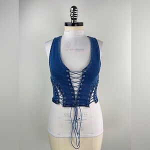 💚 3529. Lace up Stretch Blue Denim Vest